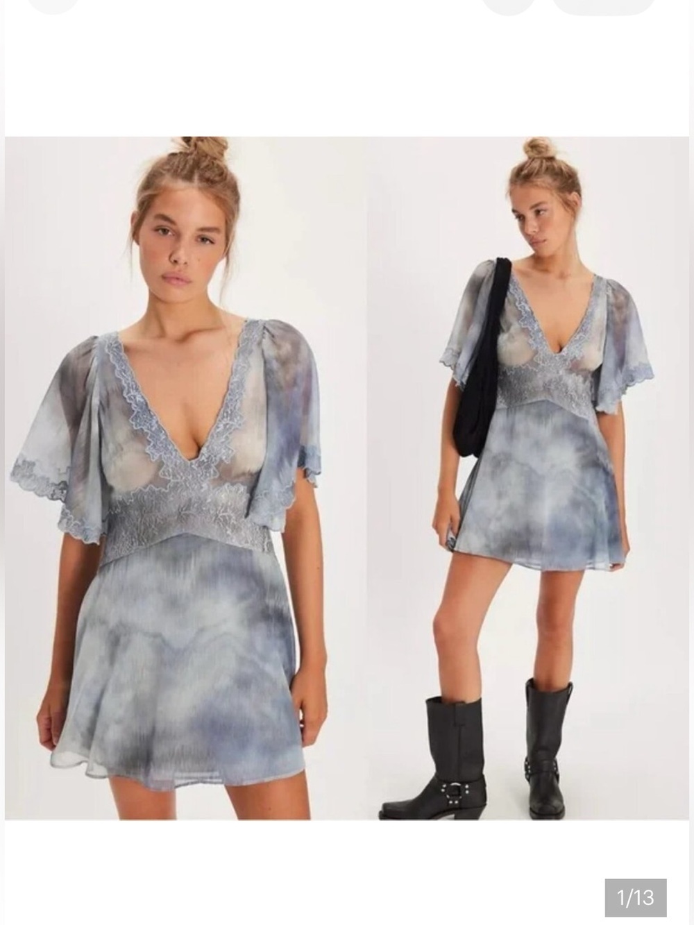 Free People Chance On Me Mini Dress size L Deep Ocean Blue Flowy Bohemian